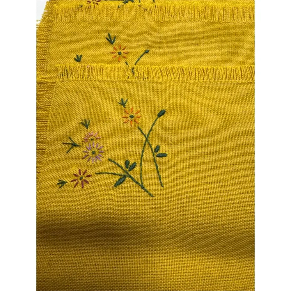 6 Golden Yellow Placemats Embroidered Red ,Purple, Pink ,Orange Flowers